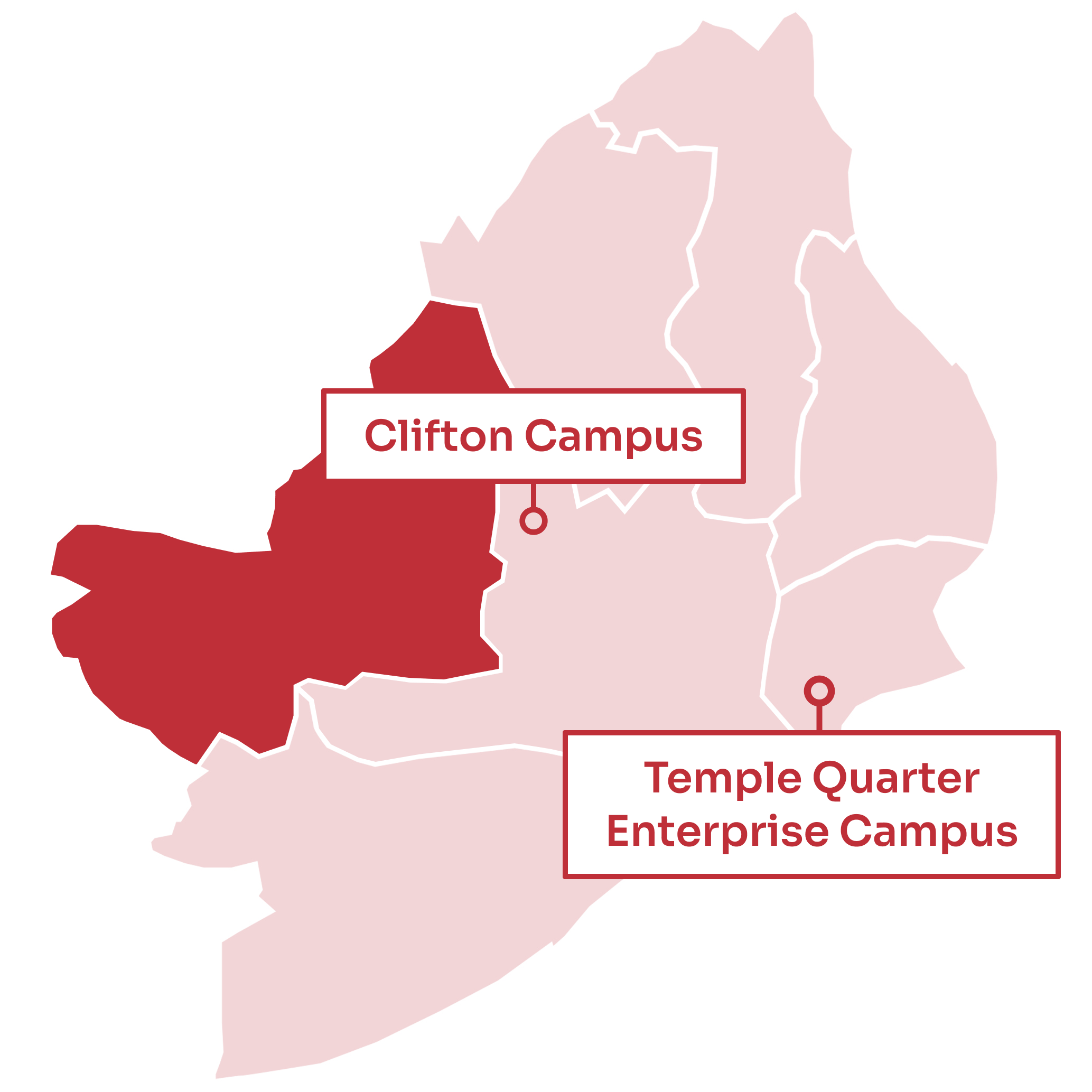 A map of Bristol with the Clifton area highlighted to the north west. Clifton Campus is to the east of the highlighted area. Temple Quarter Enterprise Campus is to the south east.